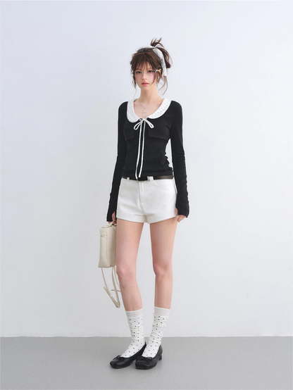High-Waisted Straight-Leg Denim Shorts with Rolled Hem