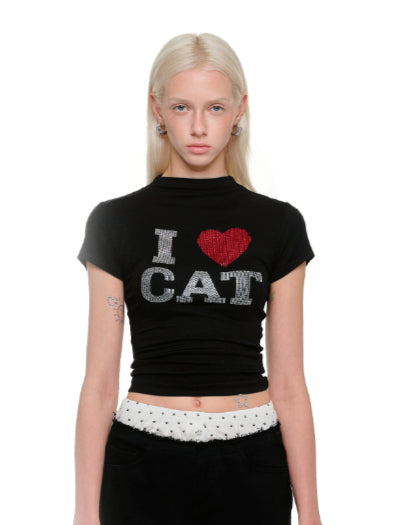 &quot;I ♥ CAT&quot; Rhinestone Fitted T-shirt - CHINASQUAD