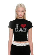 "I ♥ CAT" Rhinestone Fitted T-shirt - CHINASQUAD