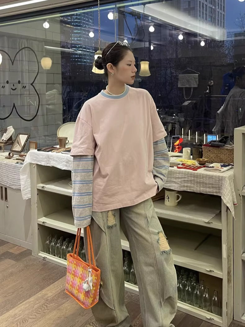 Contrast-Neck Relaxed Patchwork Cotton T-Shirt