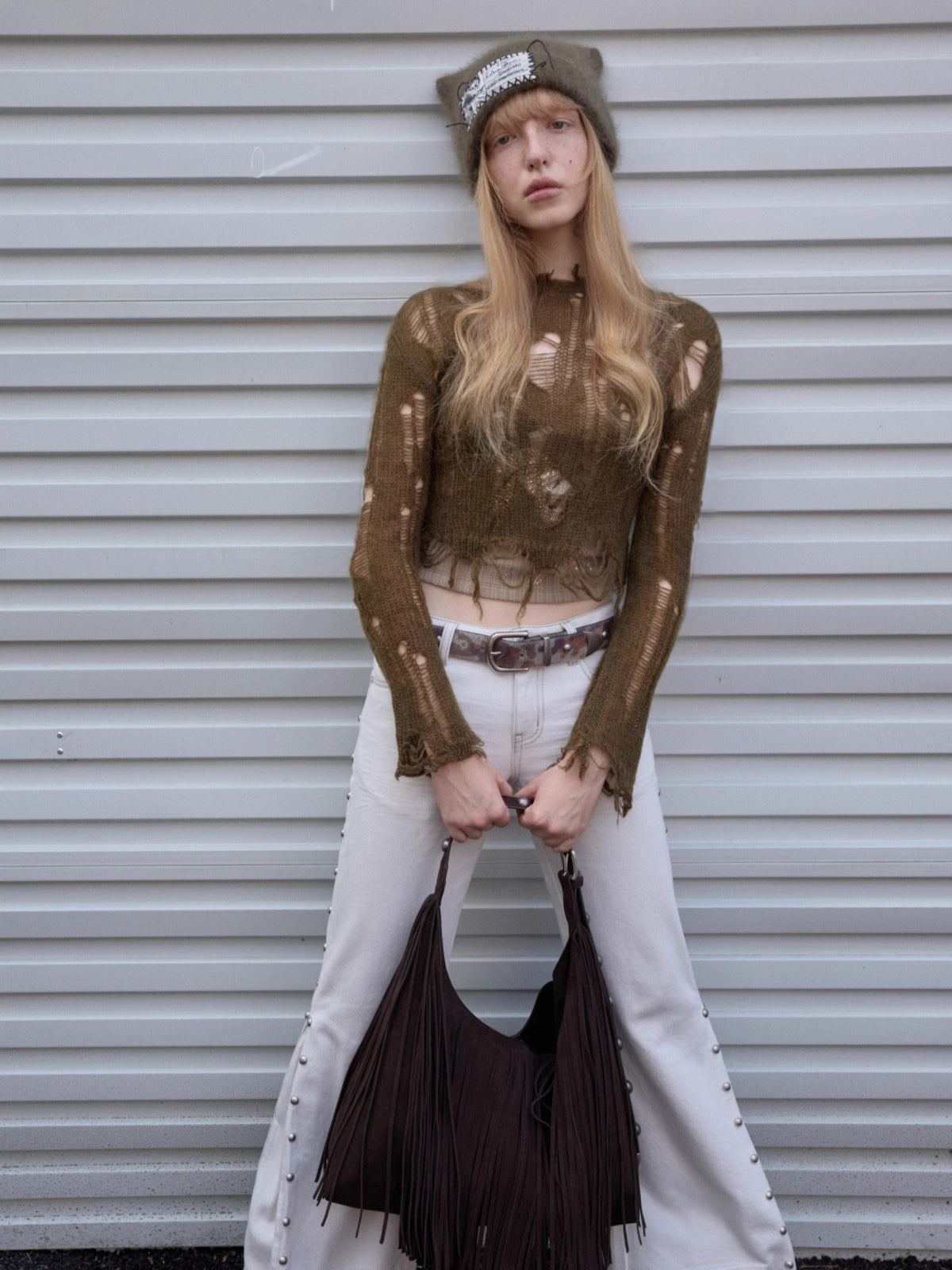 Mohair Distressed Fitted Cropped Sweater