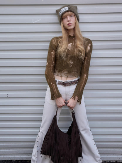 Mohair Distressed Fitted Cropped Sweater