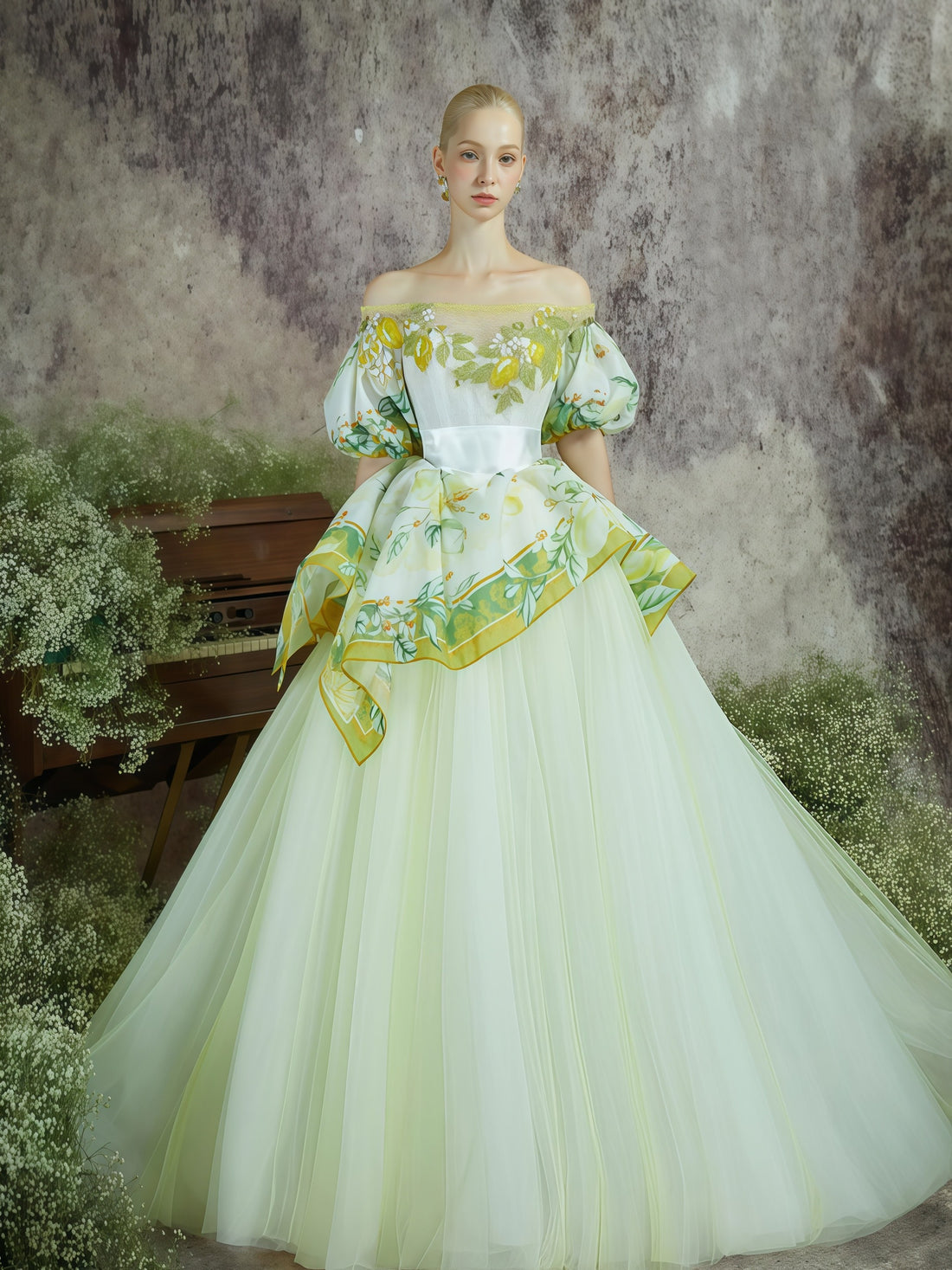 Lemon Garden Off-Shoulder Embroidered Couture Ball Gown