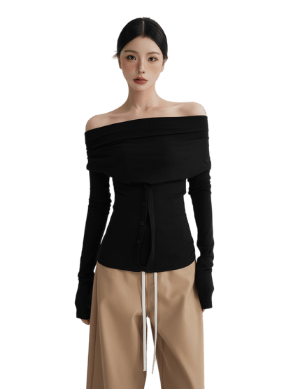 Neck Off-Shoulder Fitted Long Sleeve T-Shirt