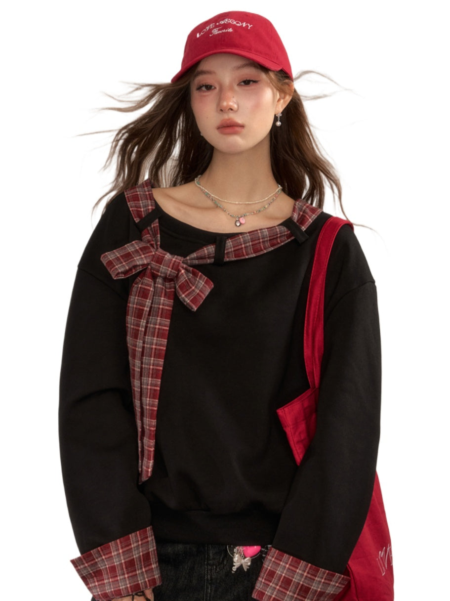 Plaid Patchwork Bow Sweatshirt