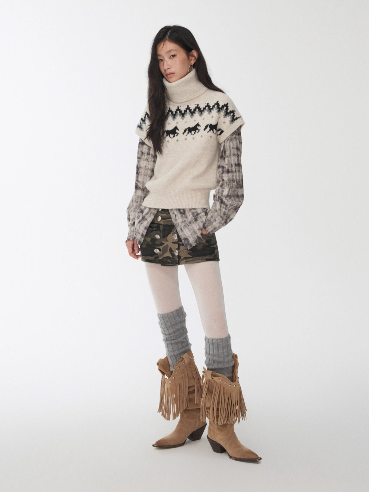 Fair Isle Pony Jacquard Turtleneck Knit Sweater