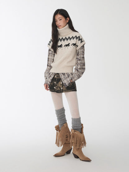 Fair Isle Pony Jacquard Turtleneck Knit Sweater