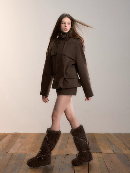 Wool-Blend Panelled High-Neck Puffer Jacket