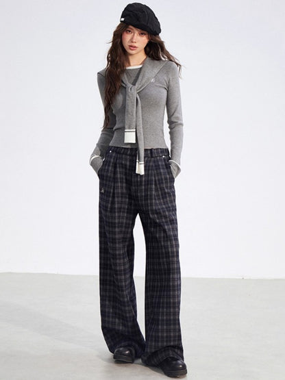 Plaid Fleece-Lined Wide-Leg Trousers