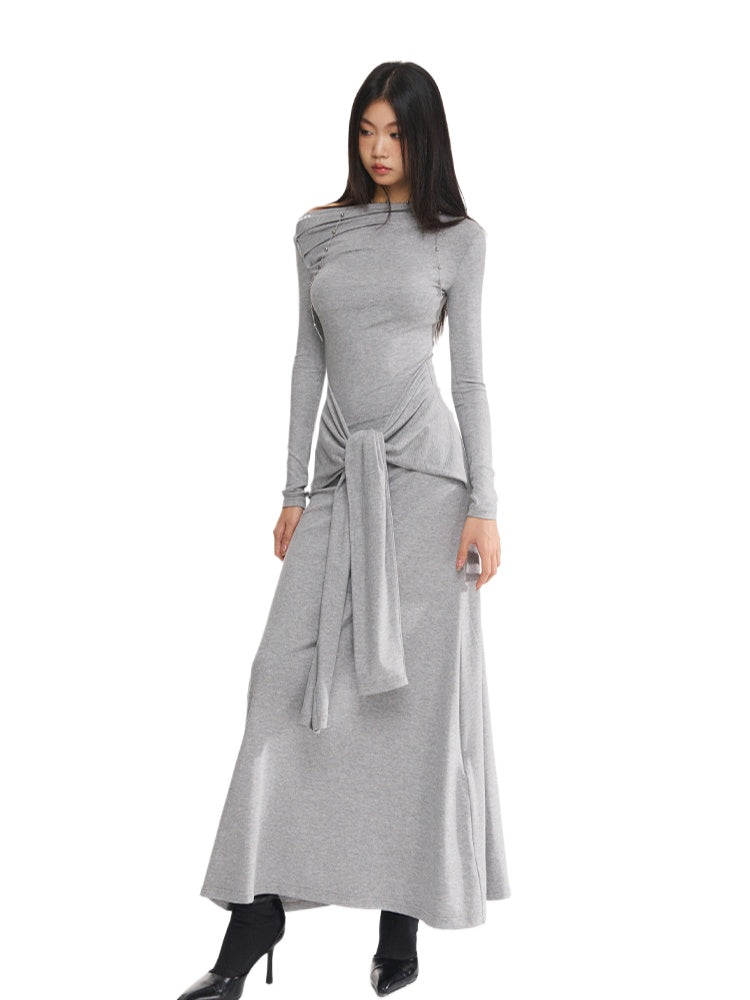 Black &amp; Gray Asymmetric Tie-Waist Slim Dress