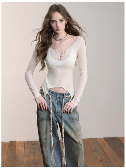 Irregular Knit Waist-Cinched Long-Sleeve Tee