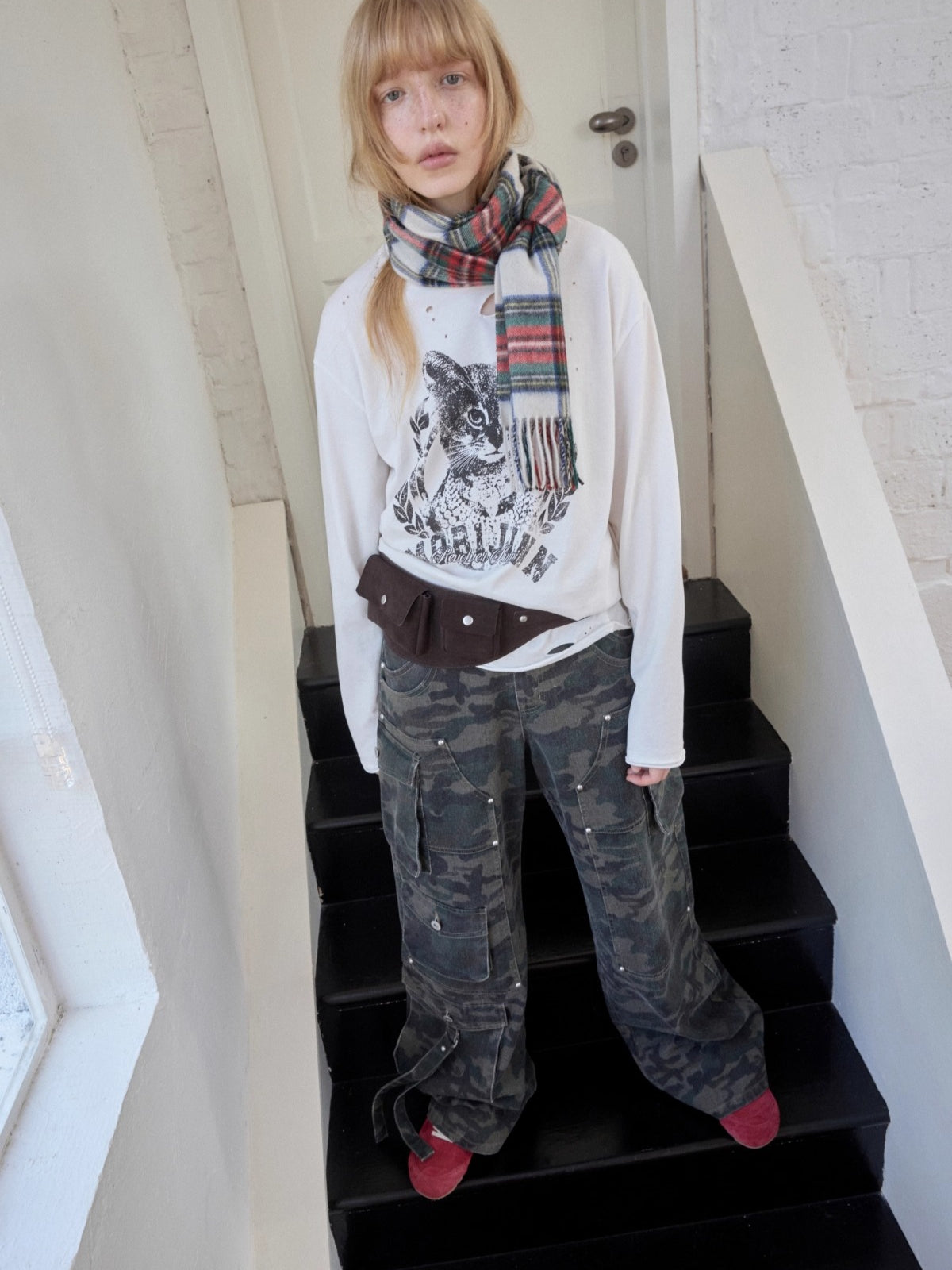 Washed Camouflage Multi-Pocket Cargo Wide-Leg Pants