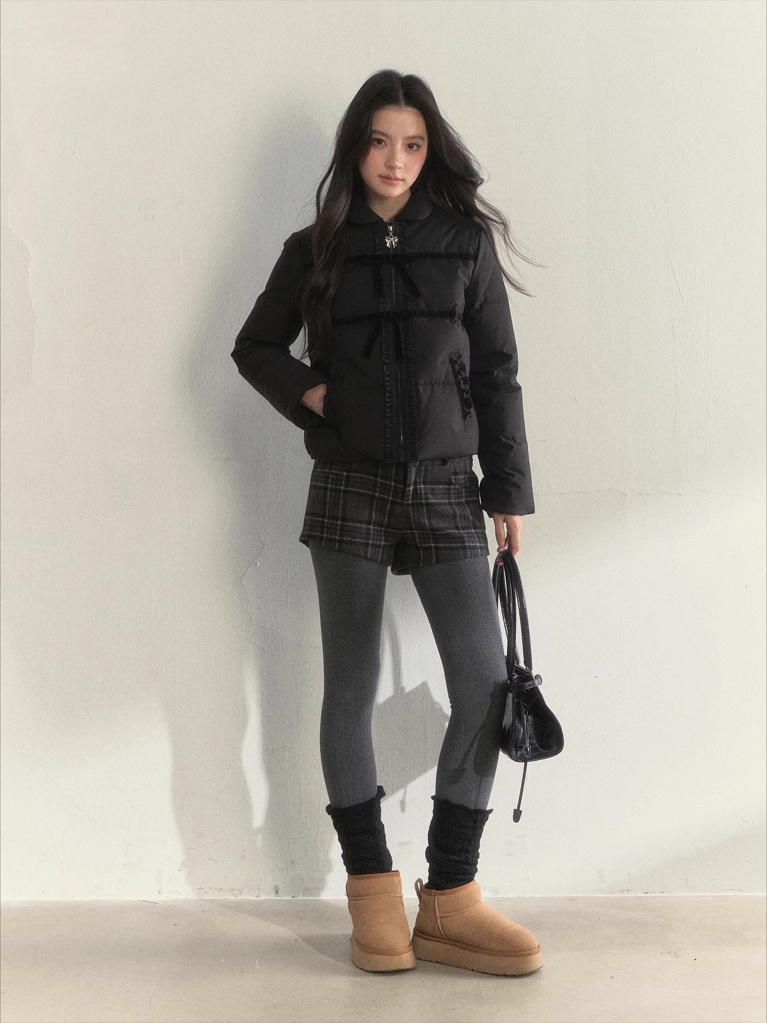 Velvet Bow Trim Down Jacket