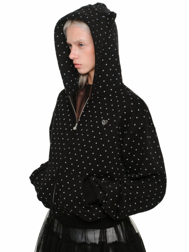 Cat Paw Polka Dot Hooded Cardigan Set