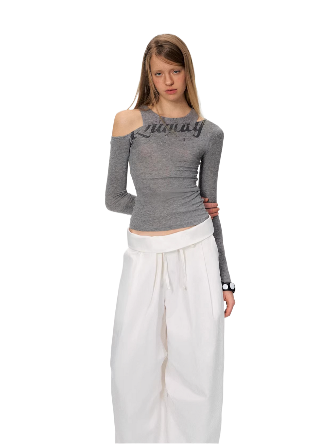 Asymmetric Rhinestone Graphic Cut-Out Slim Fit Top