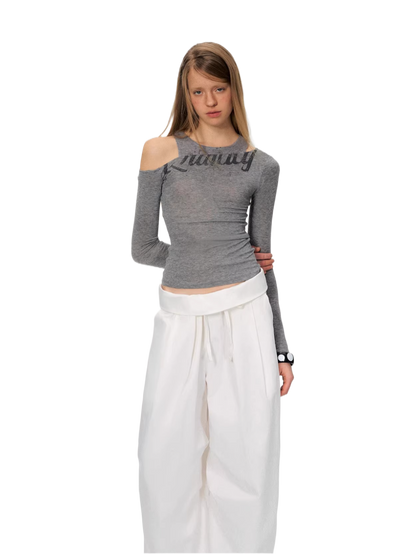 Asymmetric Rhinestone Graphic Cut-Out Slim Fit Top