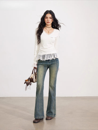 Lace Panel V-Neck Slim-Fit Long Sleeve T-Shirt
