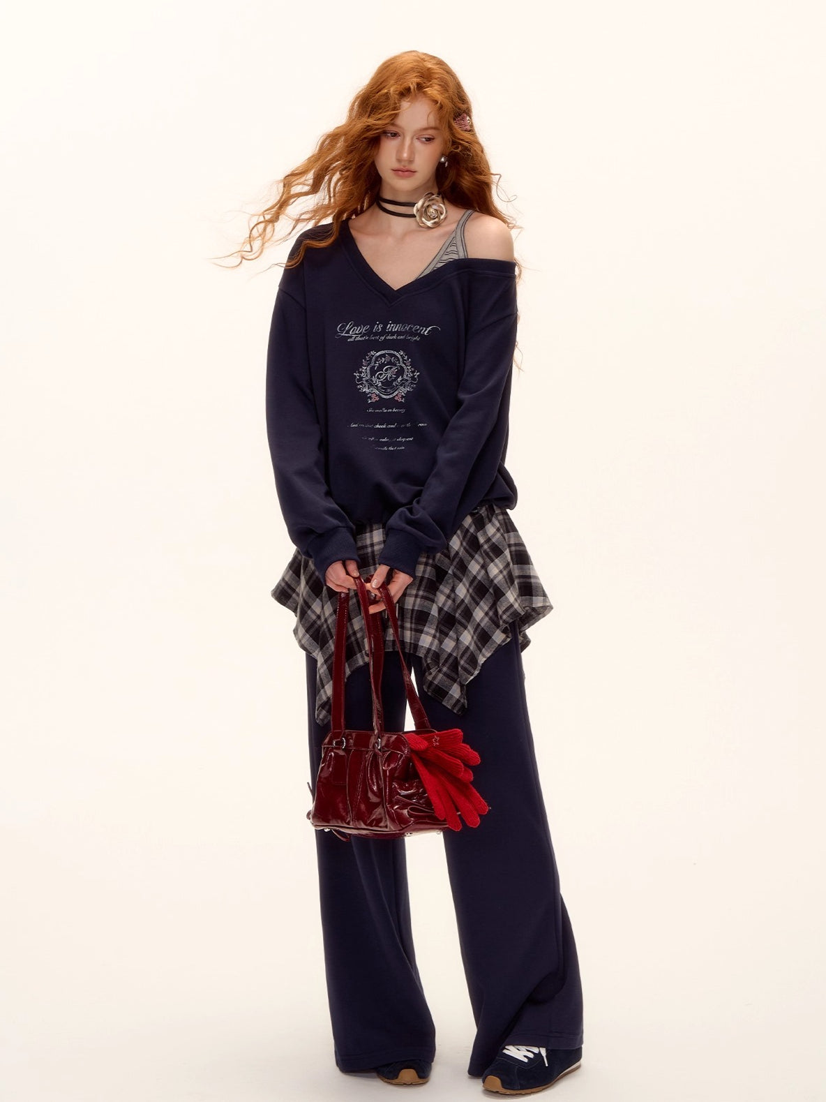 Asymmetric Shoulder Striped Fleece Tracksuit Set