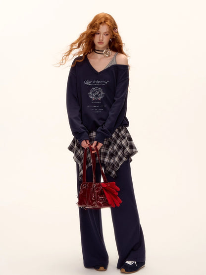 Asymmetric Shoulder Striped Fleece Tracksuit Set