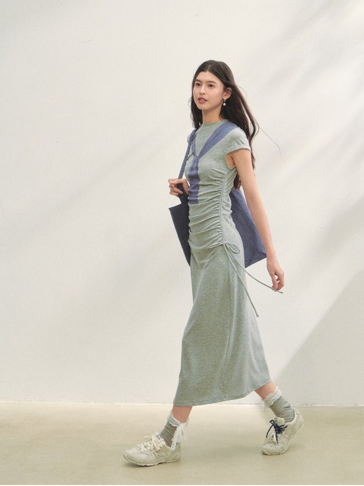 Printed Side Gathered Tie Dress - CHINASQUAD