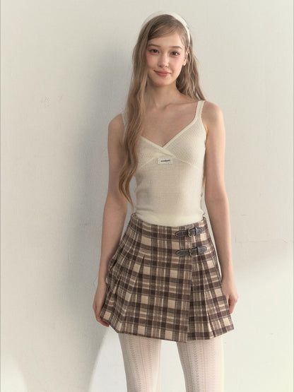 Vintage Plaid Wool Leather Buckle Pleated Skirt