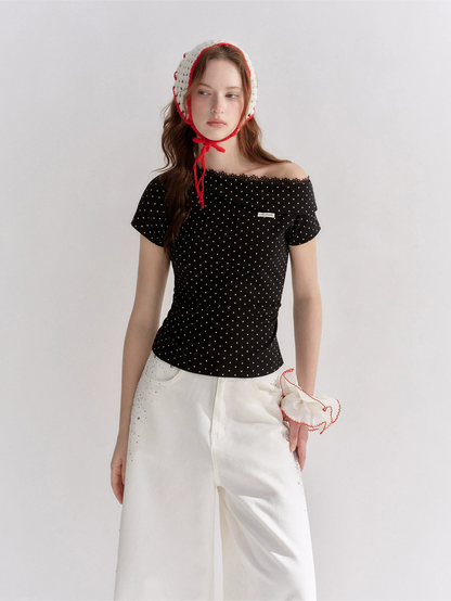 Asymmetric Off-Shoulder Polka Dot Lace Trim Fitted T-Shirt