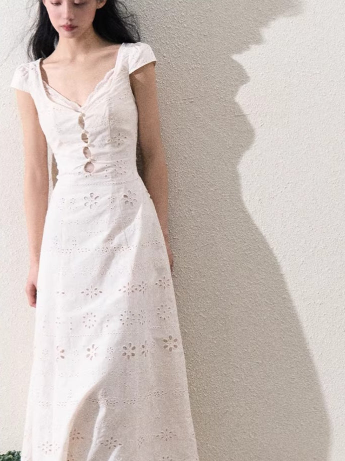 Cream White Lace-Panel Slim Fit Textured Dress