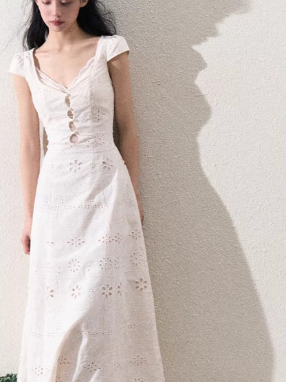 Cream White Lace-Panel Slim Fit Textured Dress