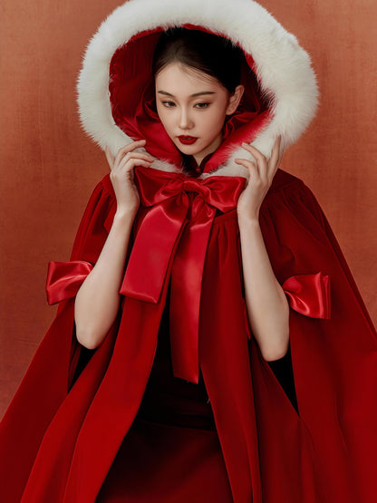 Scarlet Faux Fur Trim Bow-Detail Cape