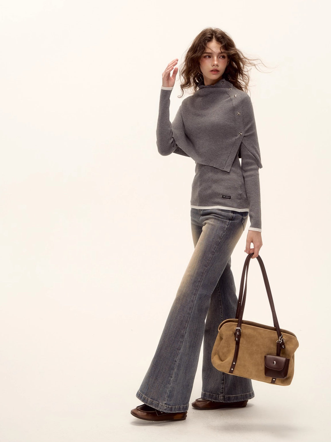 Textured Washed Flared Stretch Denim Pants