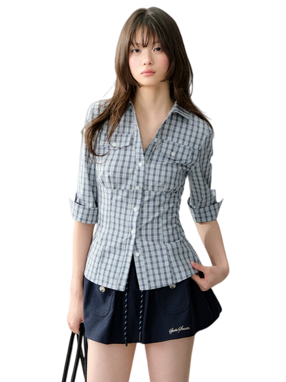 Waist-Cinched Mid-Sleeve Fitted Pocket Shirt