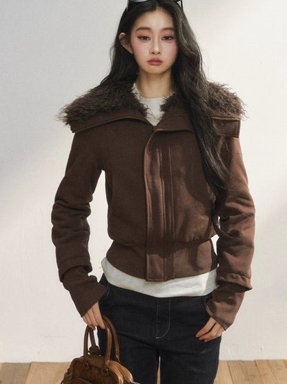 Faux Fur Collar Cropped Sweat Jacket