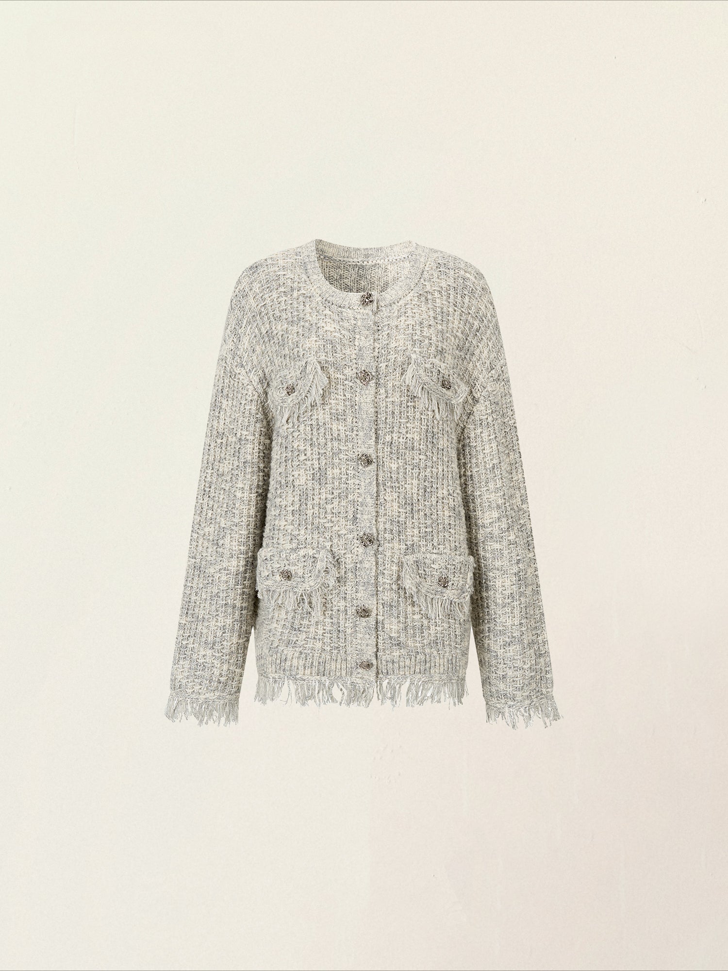 Frayed Edges Wool Mid-Length Knit Cardigan