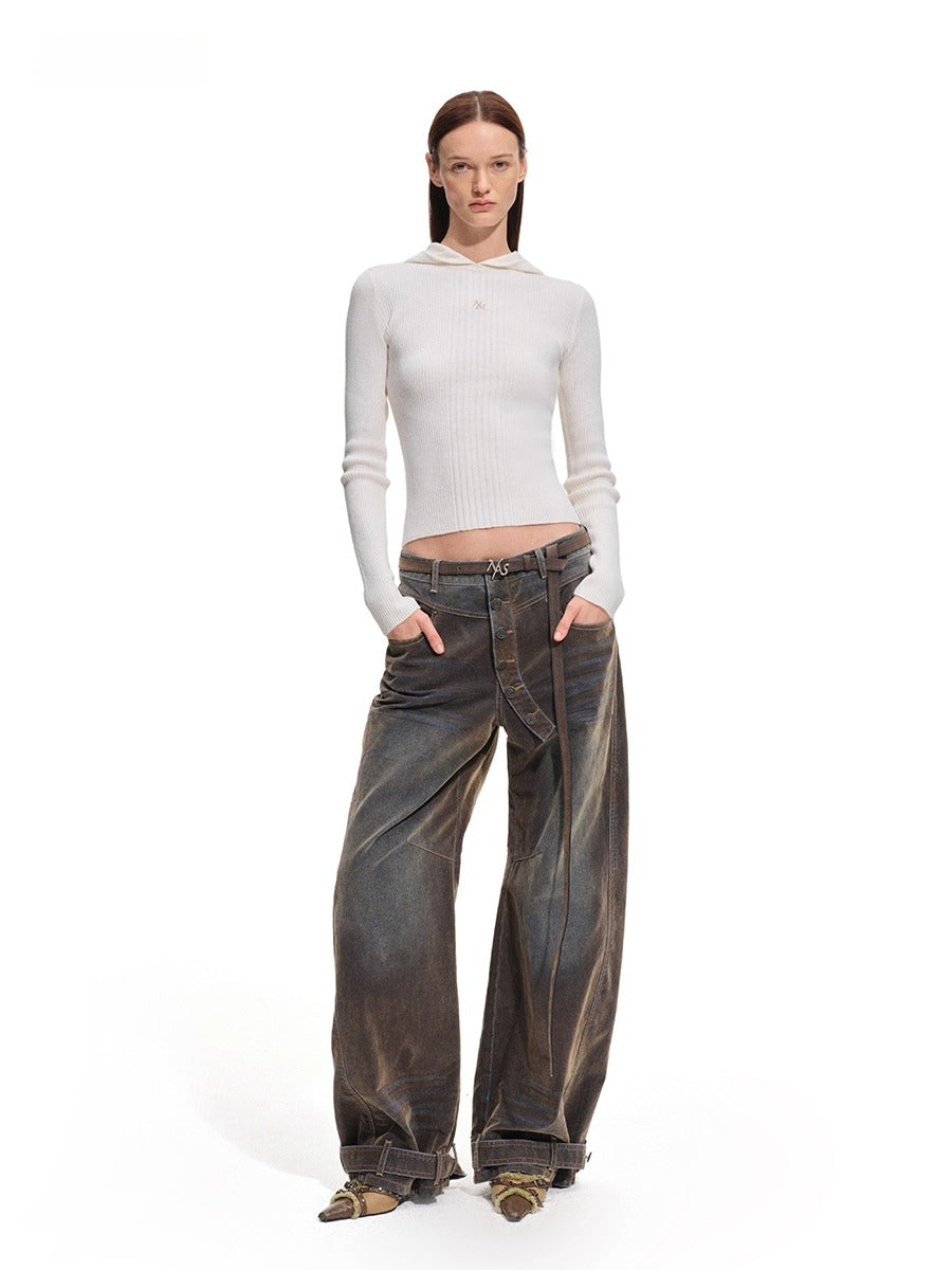Terracotta Velvet-Washed Wide-Leg Jeans