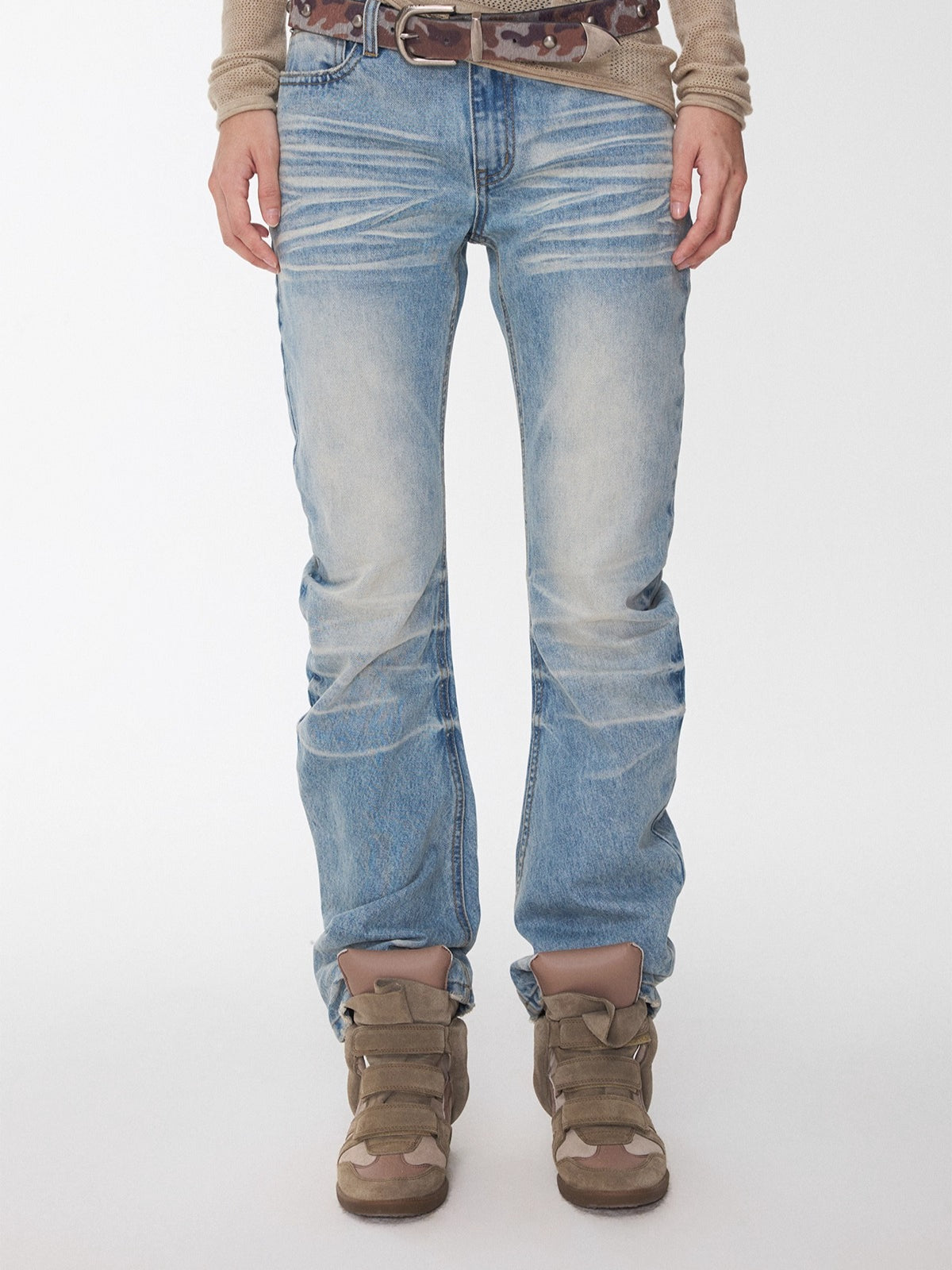 Vintage Pleated Washed Slim Curved Denim Pants