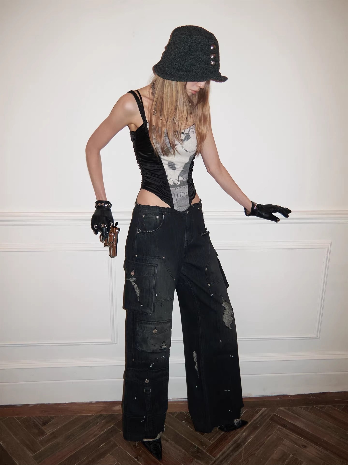 Vintage Multi-Pocket Washed Denim Cargo Pants