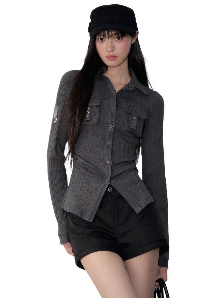 Striped Rivet 3D Pocket Fitted Shirt