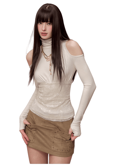 Lace-Panel Fitted Long-Sleeve T-Shirt