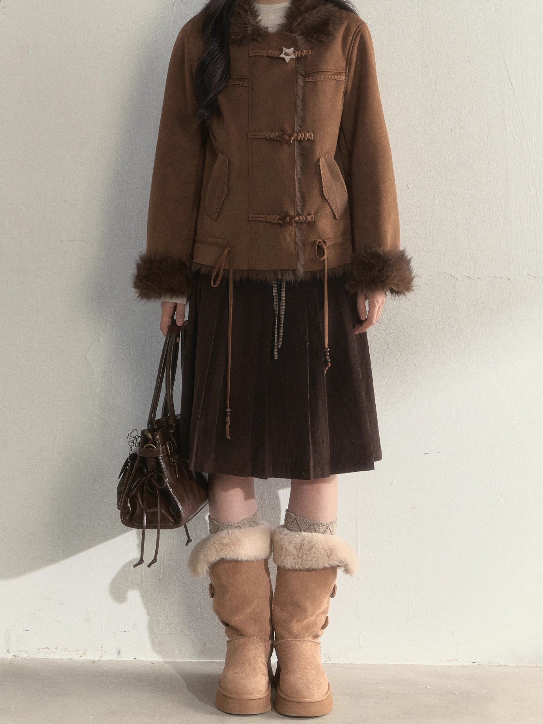 Charm Hazelnut Corduroy Pleated Skirt