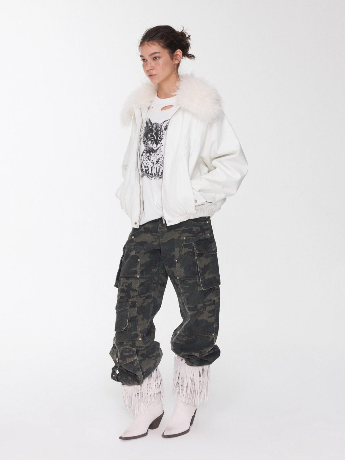 Embossed Faux Leather Puffer Detachable Fur Collar Jacket