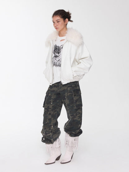 Embossed Faux Leather Puffer Detachable Fur Collar Jacket