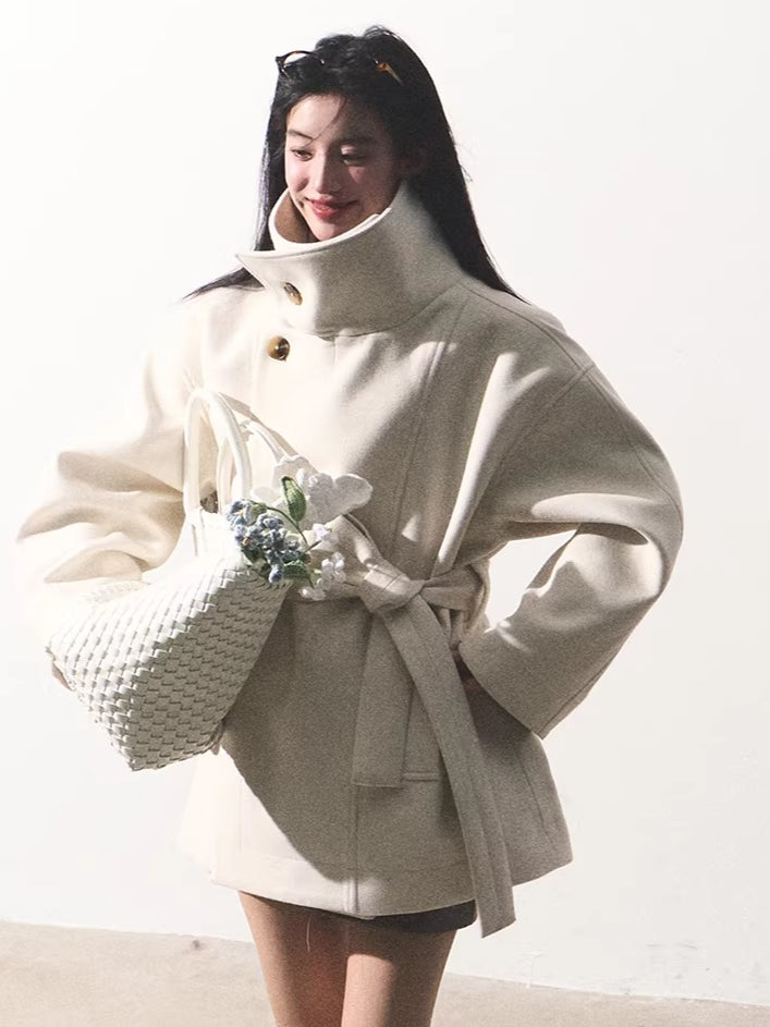 Stand-Collar Wool Short Coat