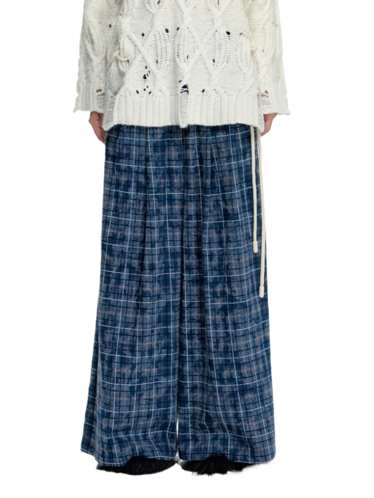 Loose Wide-Leg Dyed Plaid Pants