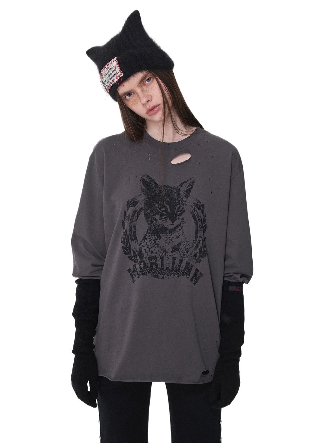 Vintage Cat &amp; Dog Print Distressed Long-Sleeve Tee