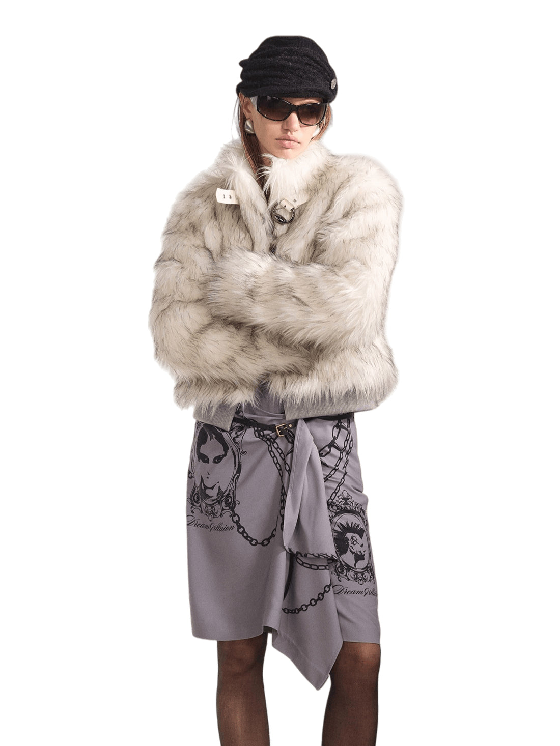 Metal-Buckle Stand Collar Faux Fur Coat