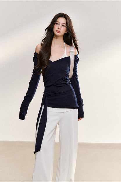 Navy Layered Off-Shoulder Blouse - CHINASQUAD