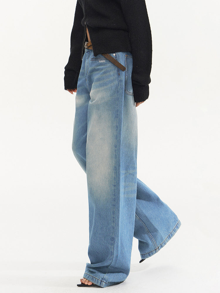 Water-Washed Low-Waist Loose Straight-Leg Pants