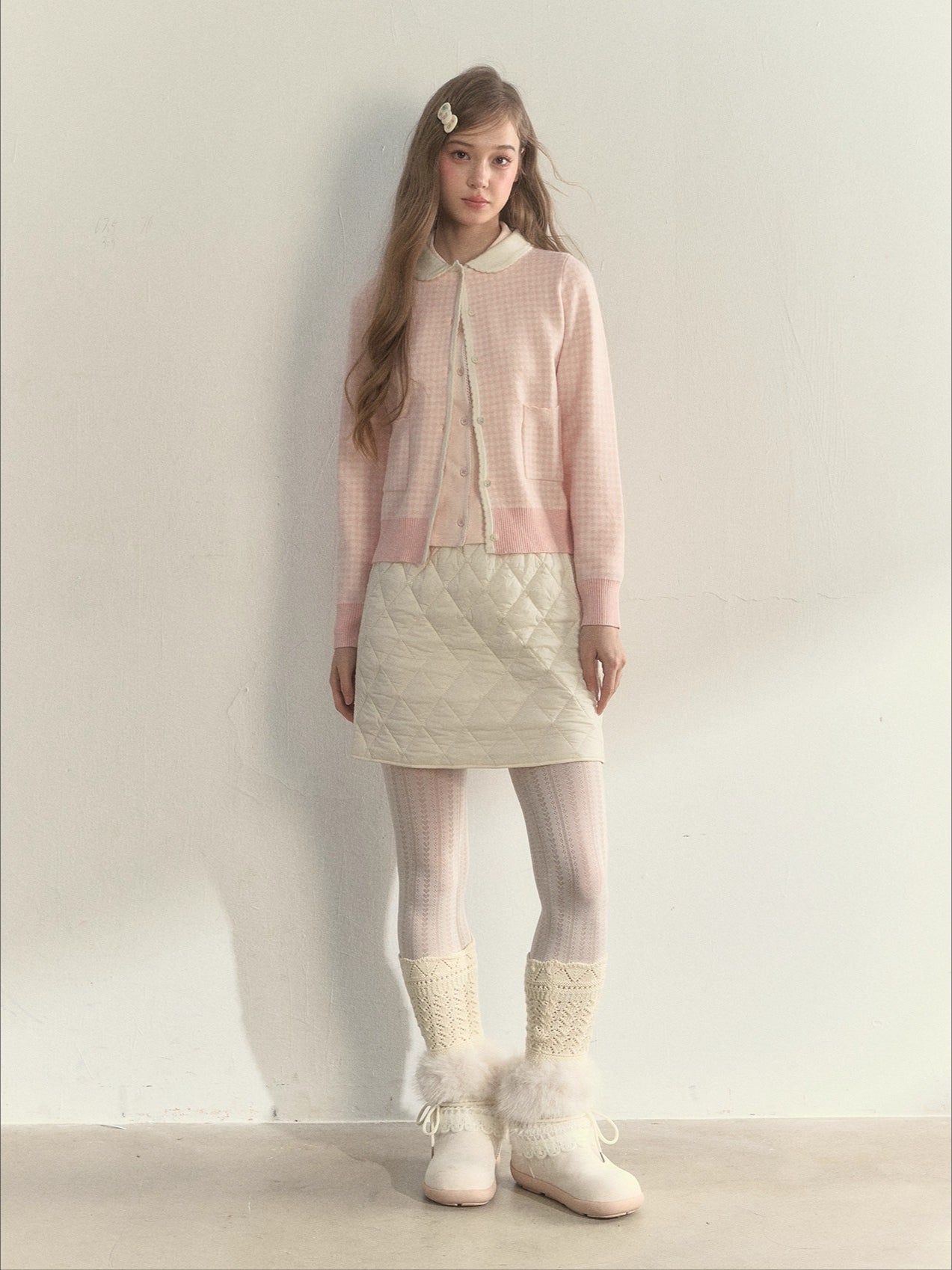 Sweet Pink Gingham Doll Collar Knit Cardigan