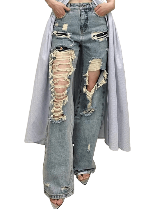 Straight-Leg Distressed Denim Jeans