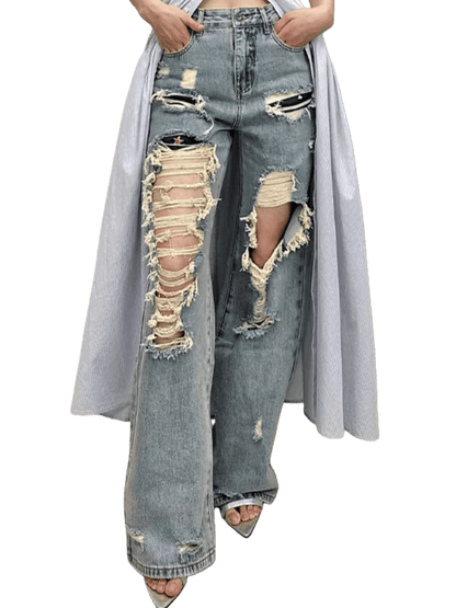 Straight-Leg Distressed Denim Jeans